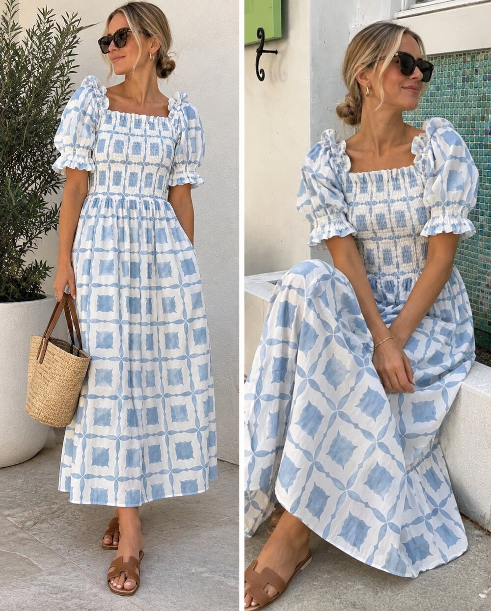 DAYDRESS Blue Geometric Smocked Maxi Dress Size XS